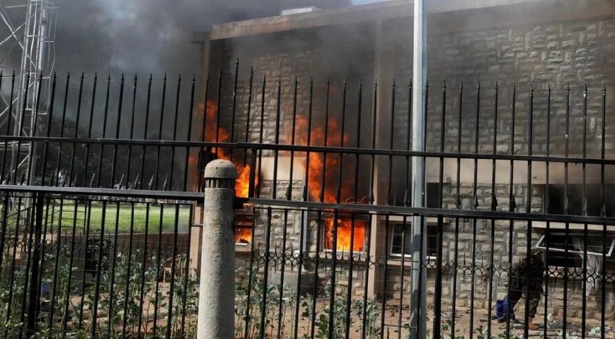 A section of parliament set on fire by angry protesters
